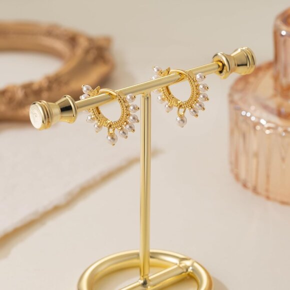 Pearl Hoop Earrings Gold 14K Women's Romantic Wedding Elegant Gift - Picture 6 of 7